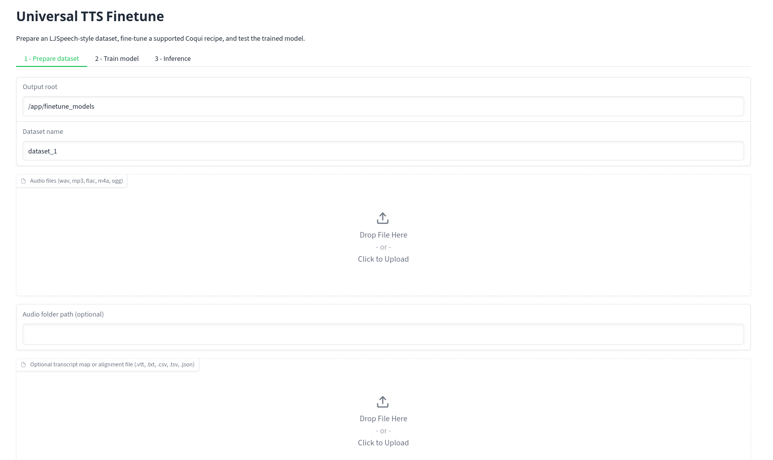 Universal TTS Finetune web GUI showing dataset preparation