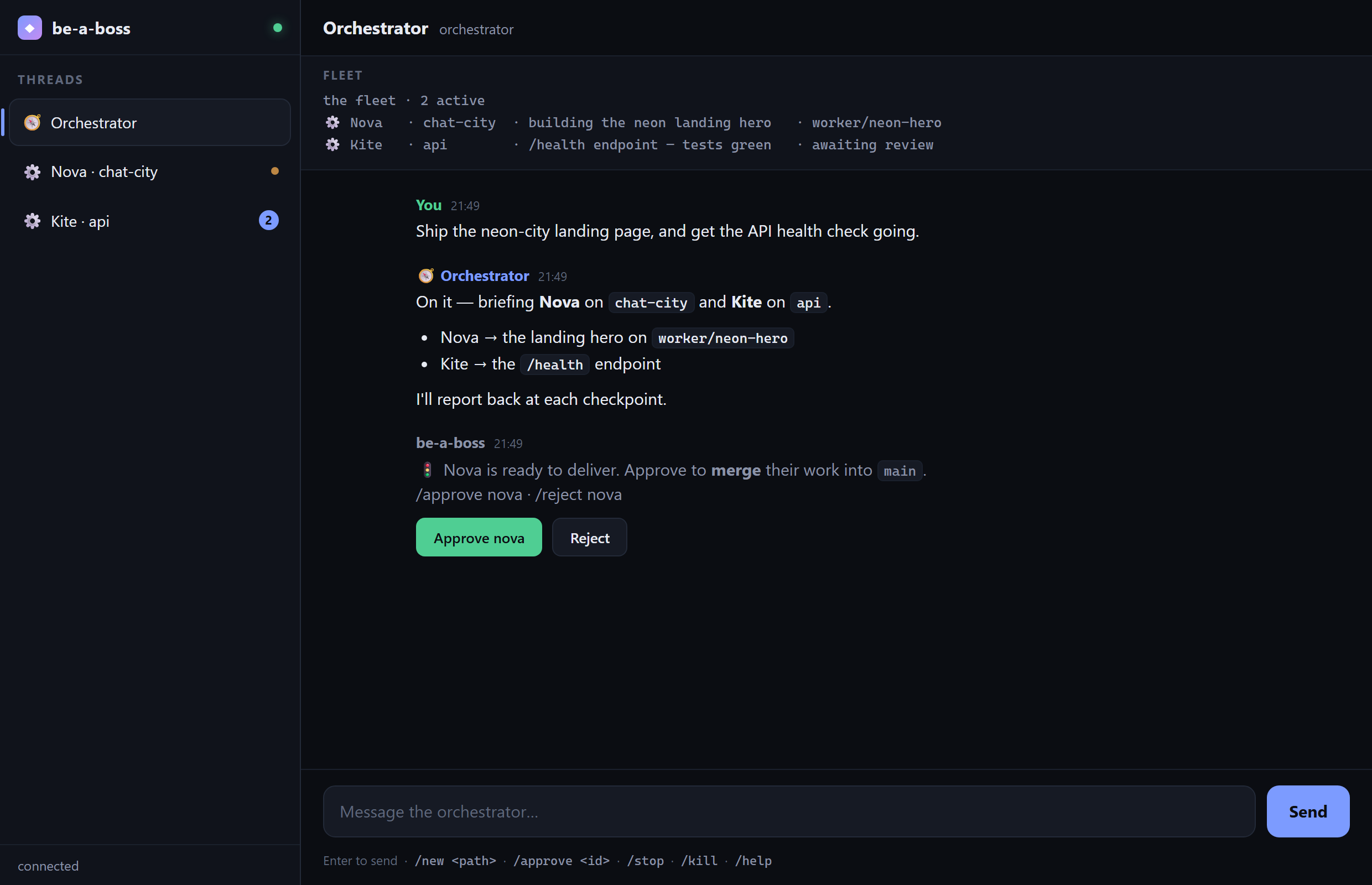 the be-a-boss web cockpit: the orchestrator briefs worker Nova on the landing page and Kite on the API, the FLEET board shows both, and Nova's finished work waits behind a one-click Approve