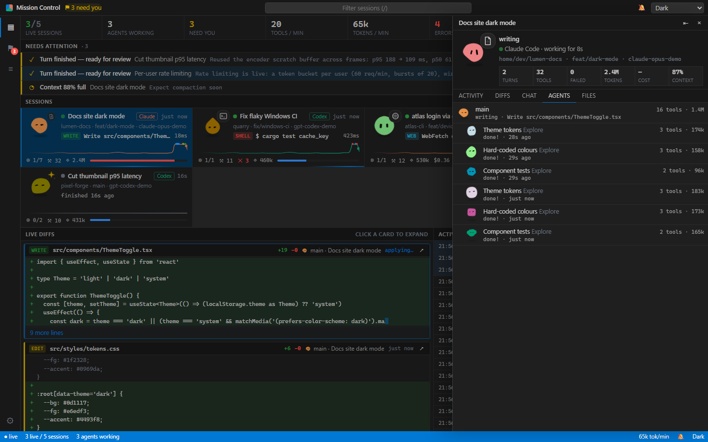 A session opened in the drawer, with each subagent and what it is doing
