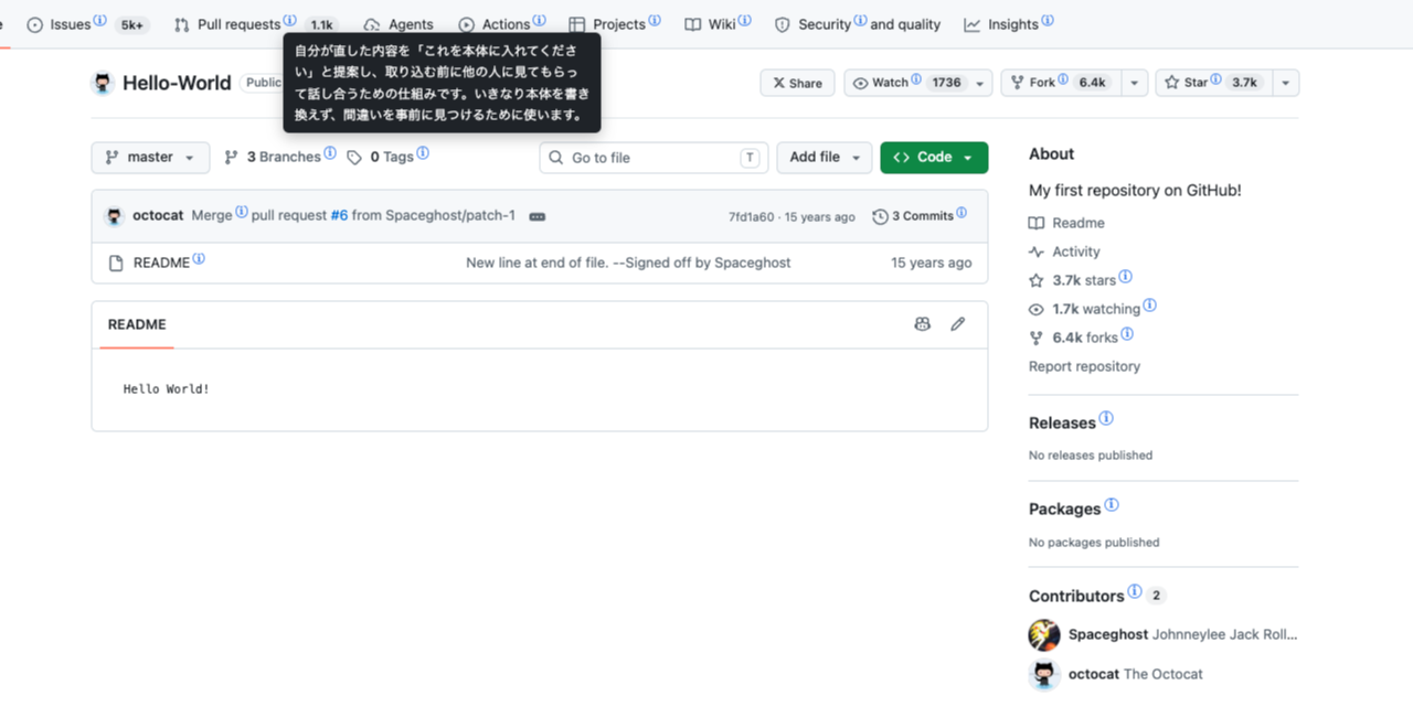 GitHub のリポジトリ画面。Pull requests・Issues・Actions などの語の右に小さな ⓘ が付き、カーソルを乗せた語の日本語の説明が吹き出しで出ている