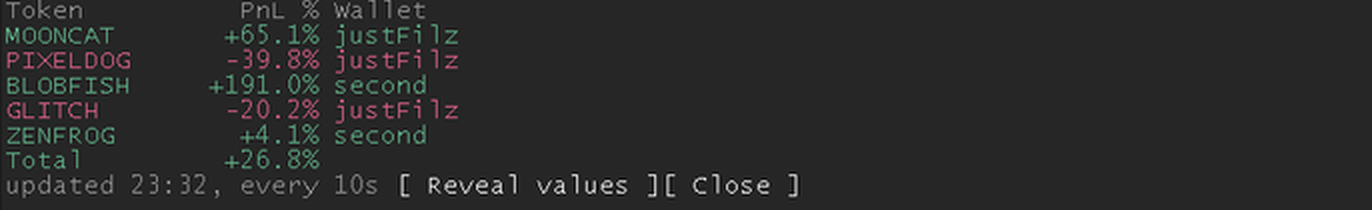 The positions pane with values hidden: token, percentage and wallet only