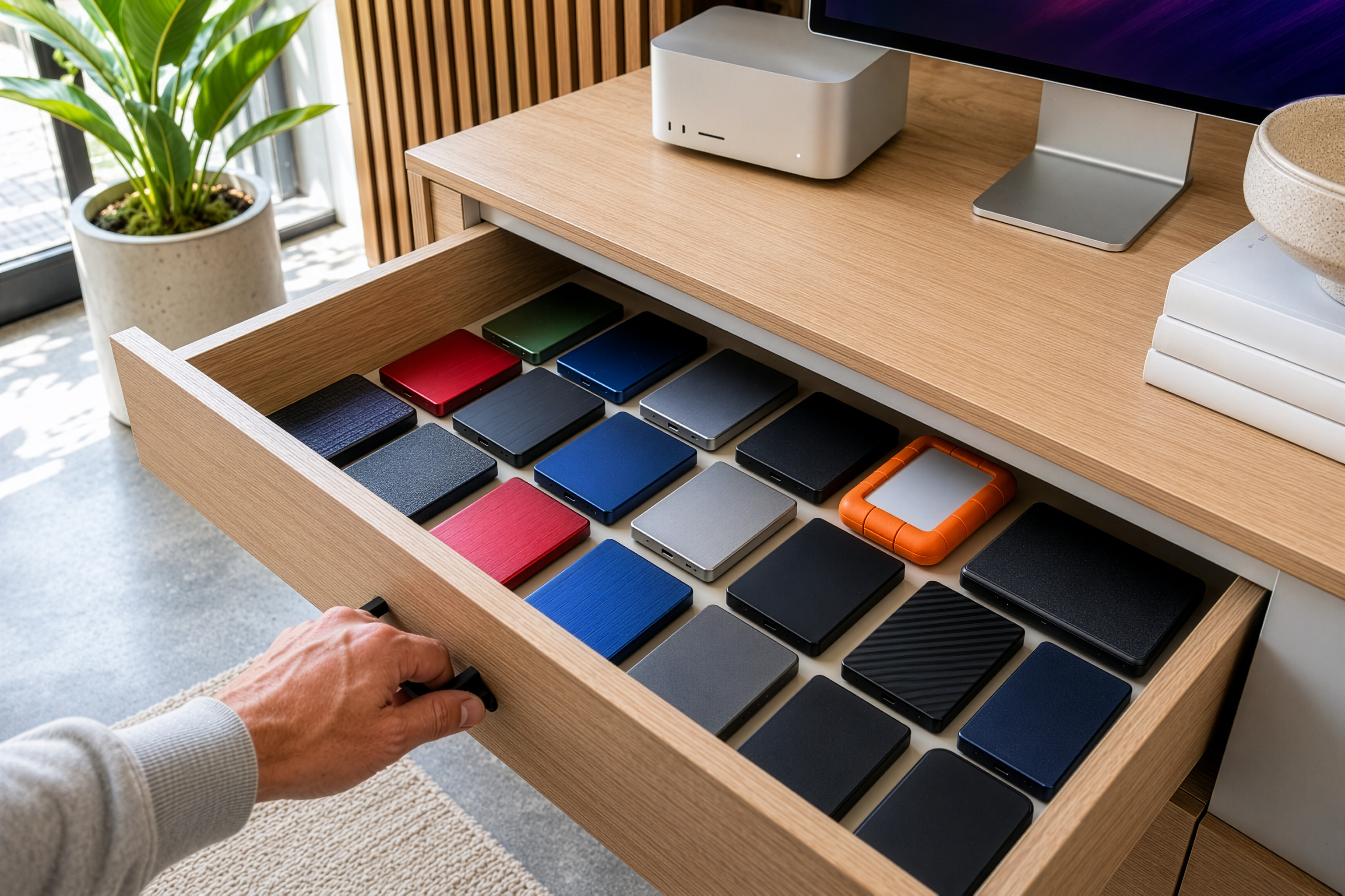 A desk drawer filled with more than a dozen external hard drives