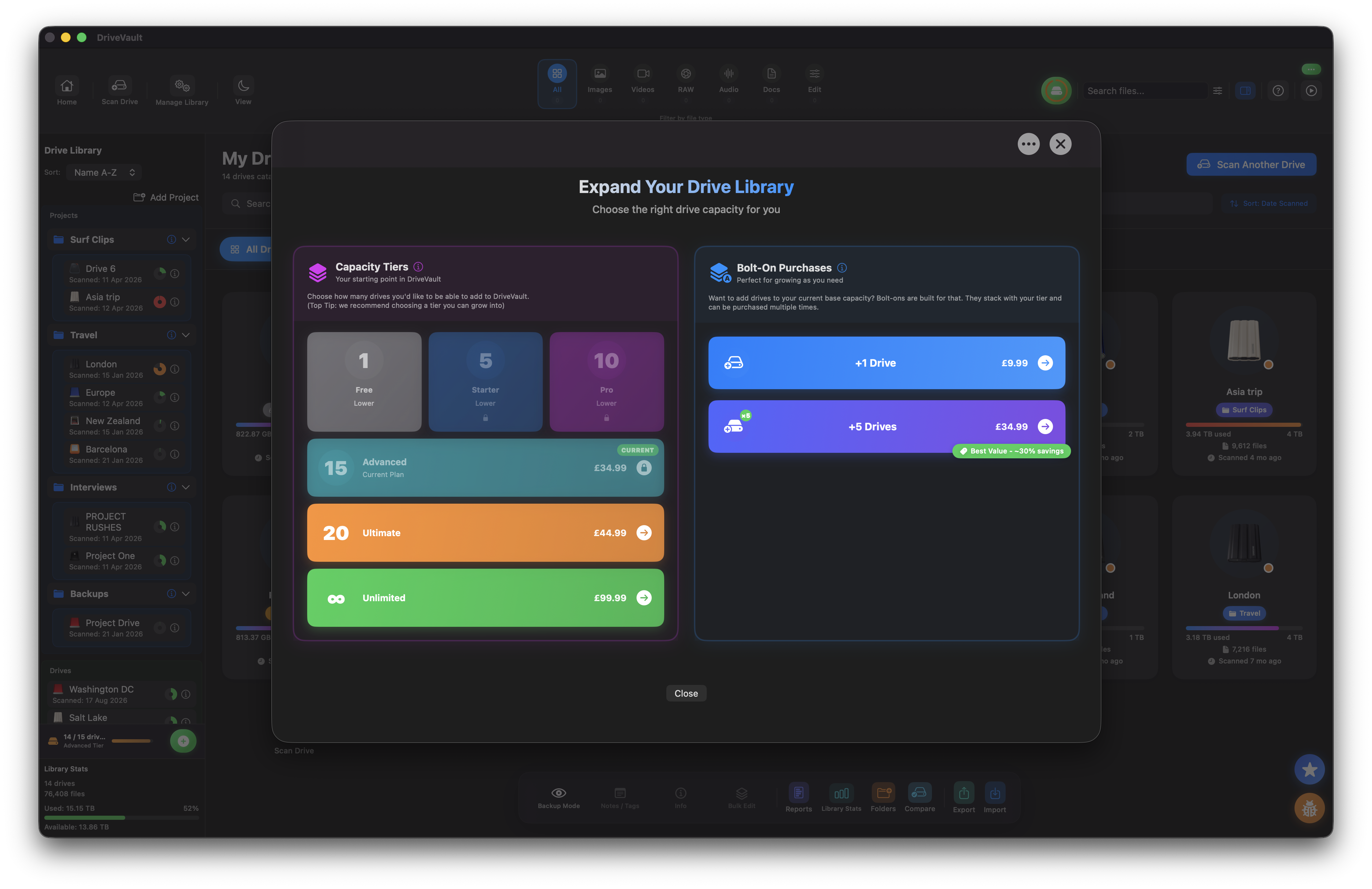 DriveVault's redesigned Add Drives page in v1.2.8