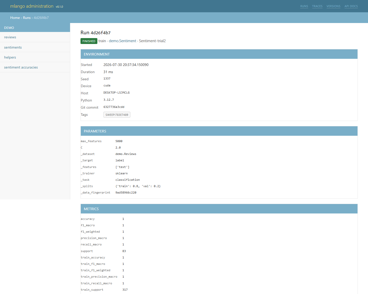 A run page: environment, parameters, metrics and artifacts