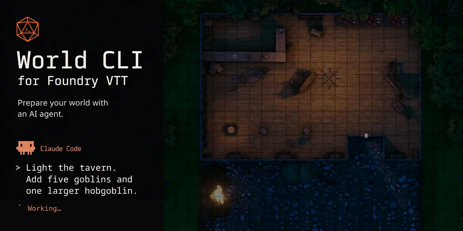 An AI agent adds lights and goblins to a Foundry tavern scene, shown before and after