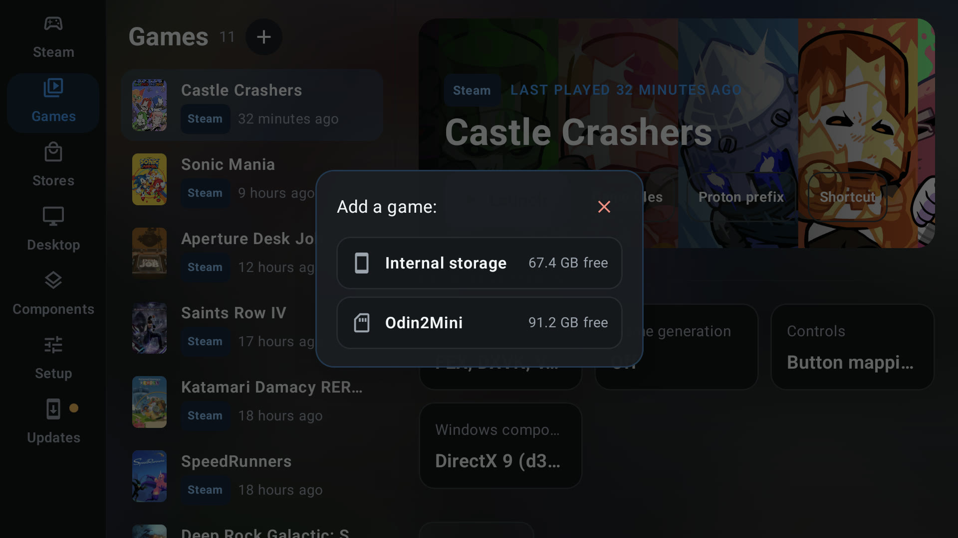 The Games tab Add a game dialog, choosing internal storage or an SD card to scan