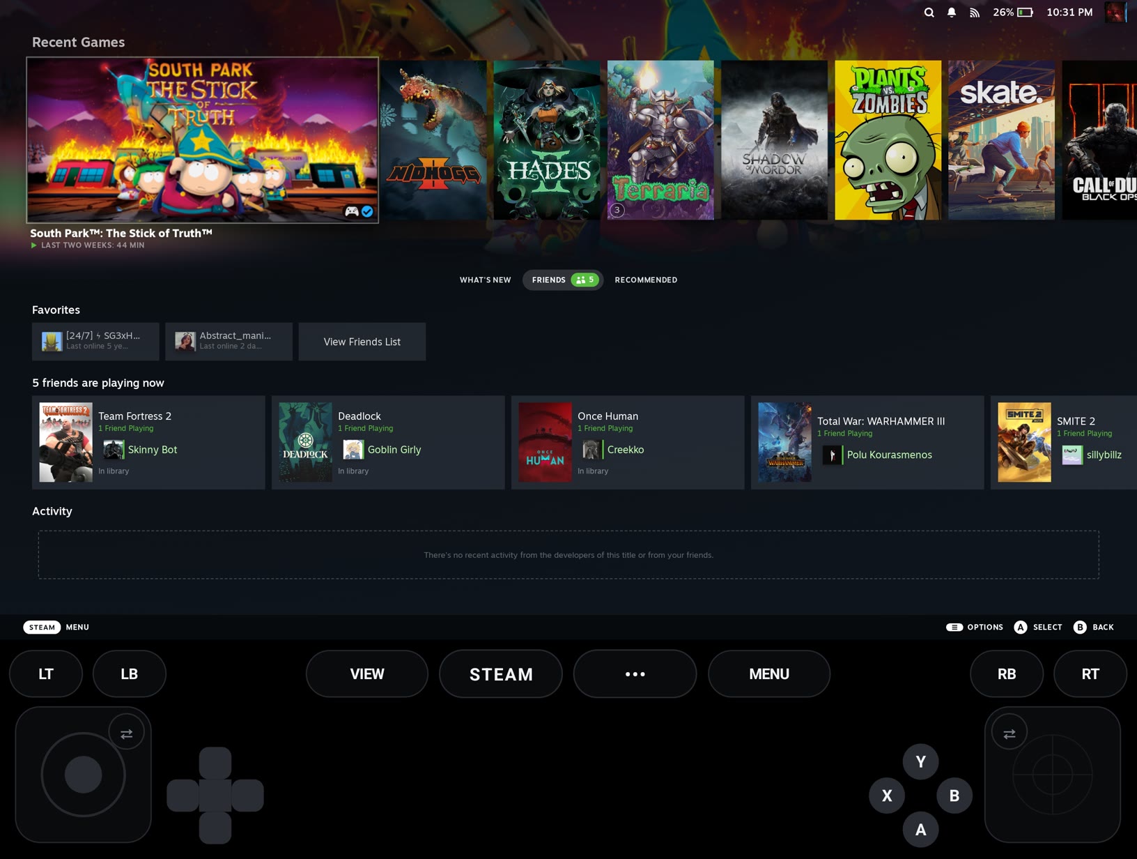 The foldable touch gamepad in landscape, laid out along the bottom edge under Steam