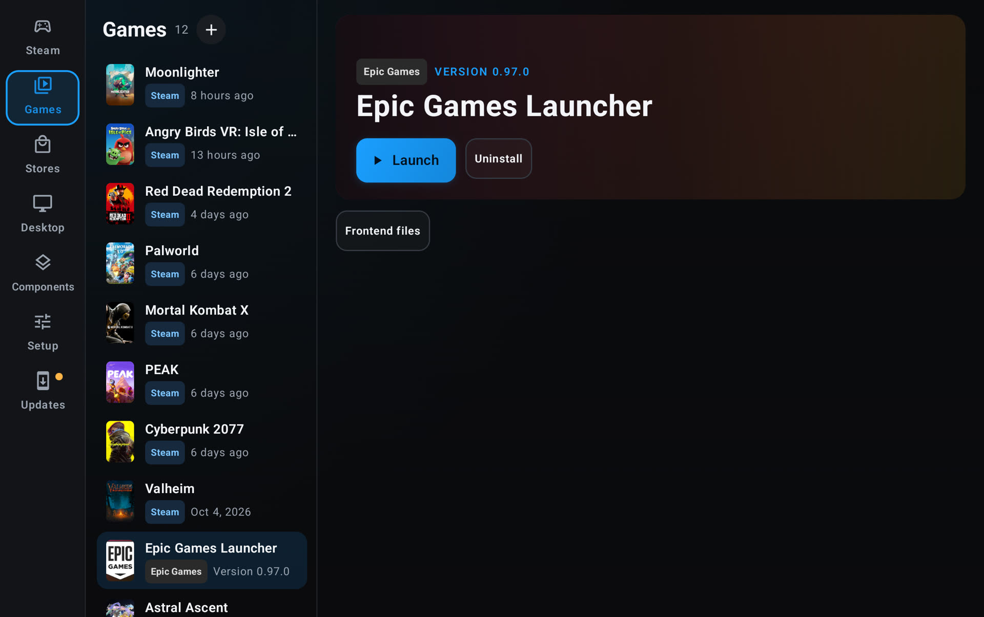 The Epic Games Launcher in the Games tab next to Epic games, with Launch and Uninstall