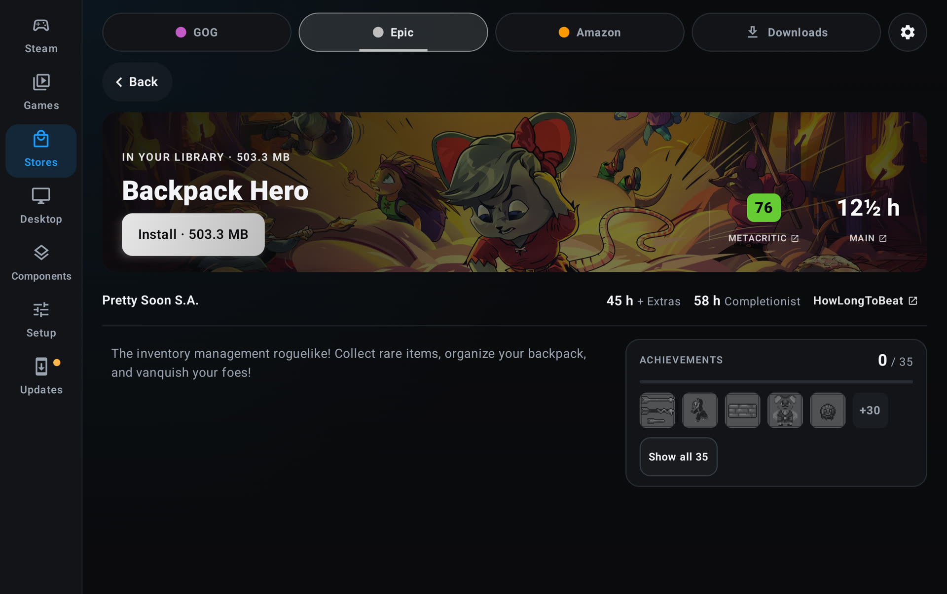 Backpack Hero's Epic page with its Metacritic score of 76, HowLongToBeat times and achievements card