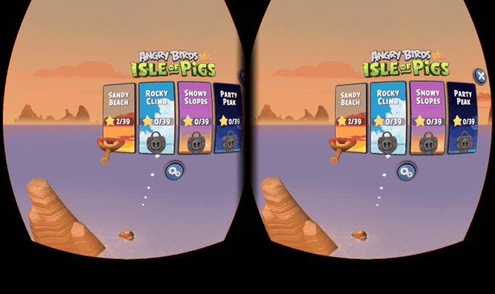Gamepad hands pointing at Angry Birds VR's level select