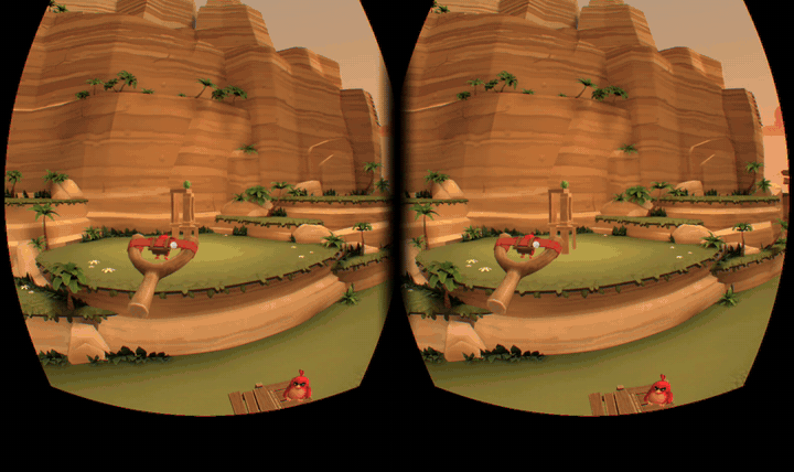 Angry Birds VR from Play SteamVR, rendered in stereo with head pose from the glasses and the slingshot pulled with the gamepad
