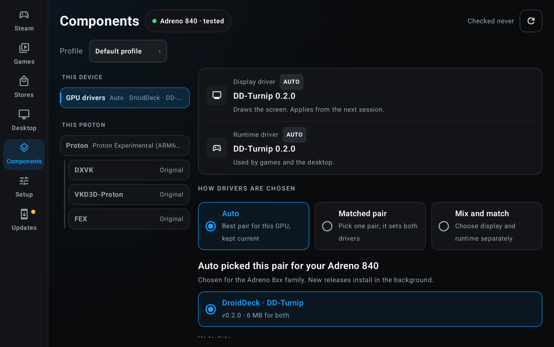 GPU drivers page with Auto, Matched pair and Mix and match, and the drivers in use