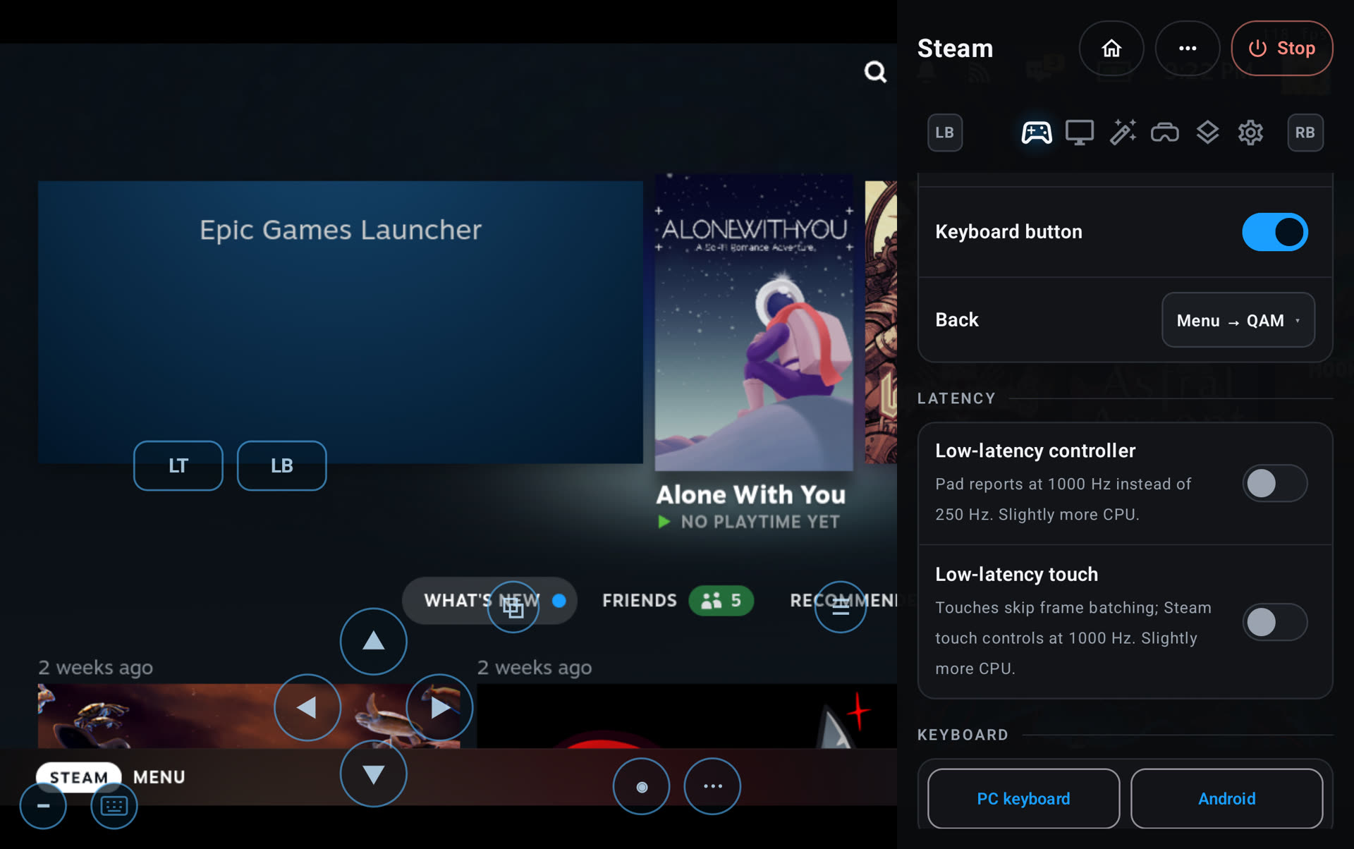 The session menu's Latency group with Low-latency controller and Low-latency touch