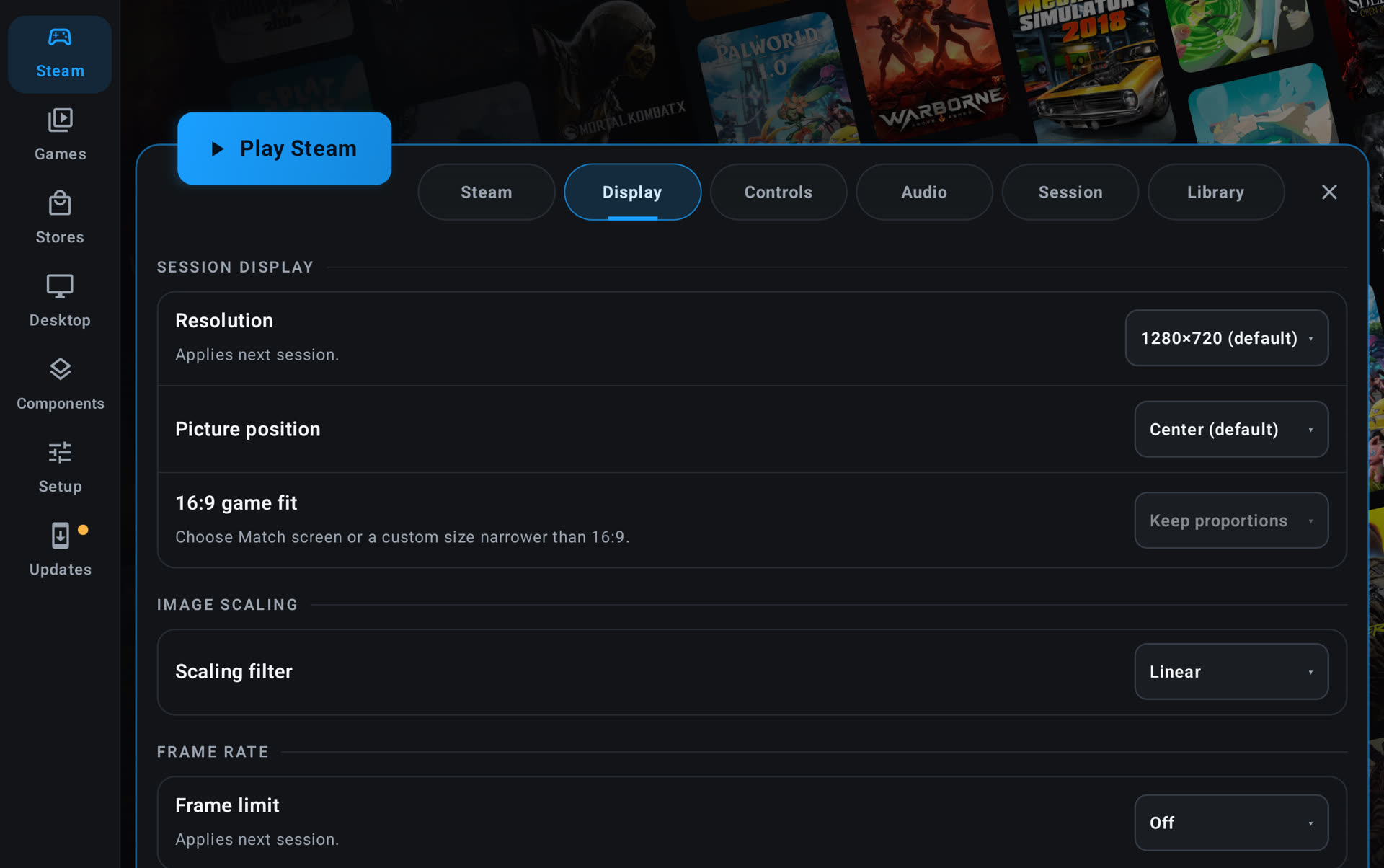 Picture position in the Steam settings Display tab