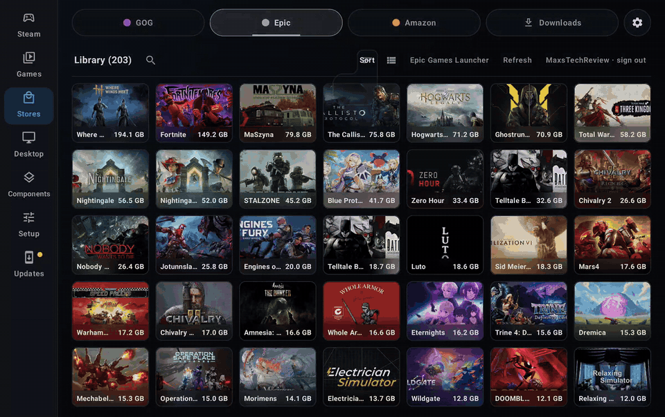 Sorting the Epic library by size and by title, then switching from the card grid to the list view