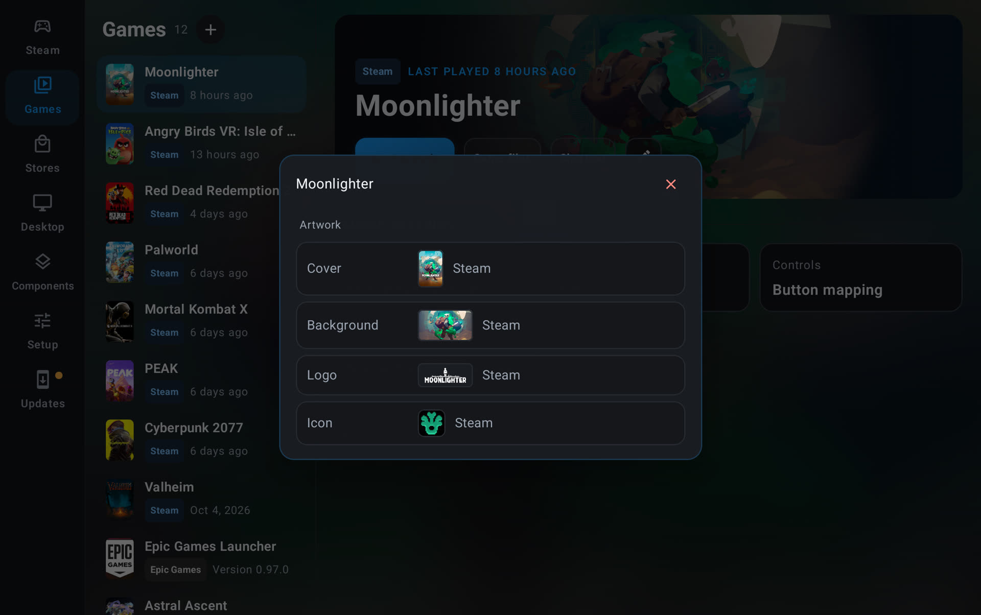 The Artwork editor for Moonlighter, a Steam game, with its cover, background, logo and icon