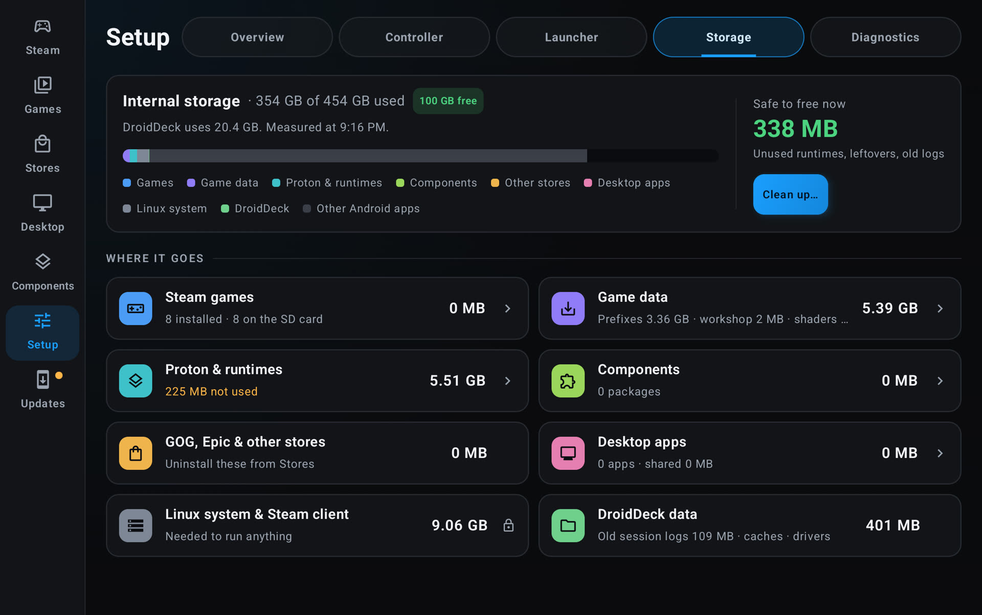 Storage page overview with the internal storage bar and its categories