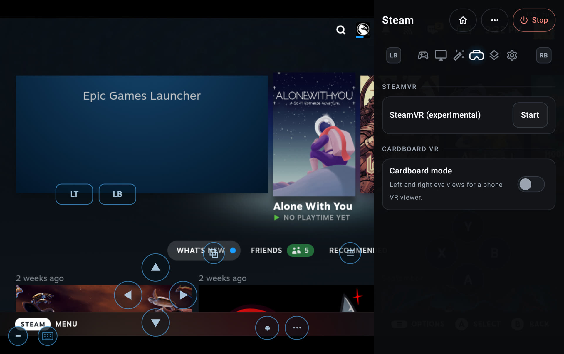 The session menu's VR tab with SteamVR and Cardboard sections