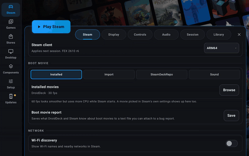 Opening SteamDeckRepo, filtering to Steam Deck and Most liked, installing Handheld History by KnightMD and pressing Use, then starting Steam with the new boot movie. Waits are cut