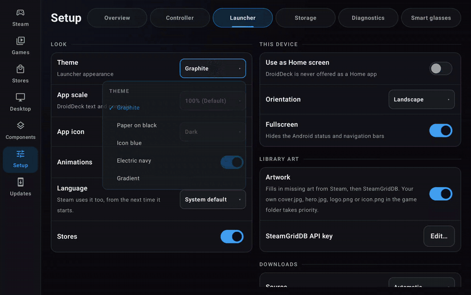 Choosing the Gradient theme, dragging the primary color around the wheel, typing a hex code for the secondary color, then the Games and Steam tabs in the new colors