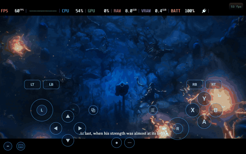 In Valheim's intro, turning on the battery temperature and the frame-time graph, picking the Amber color and raising the opacity, then a close-up of the HUD over the game