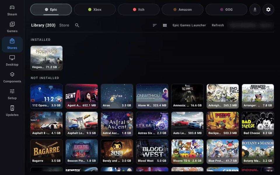 The Epic library switching from cards to the capsule view, the Xbox library, an itch.io store search, then an installed game's page with its Play button. Account names are blurred