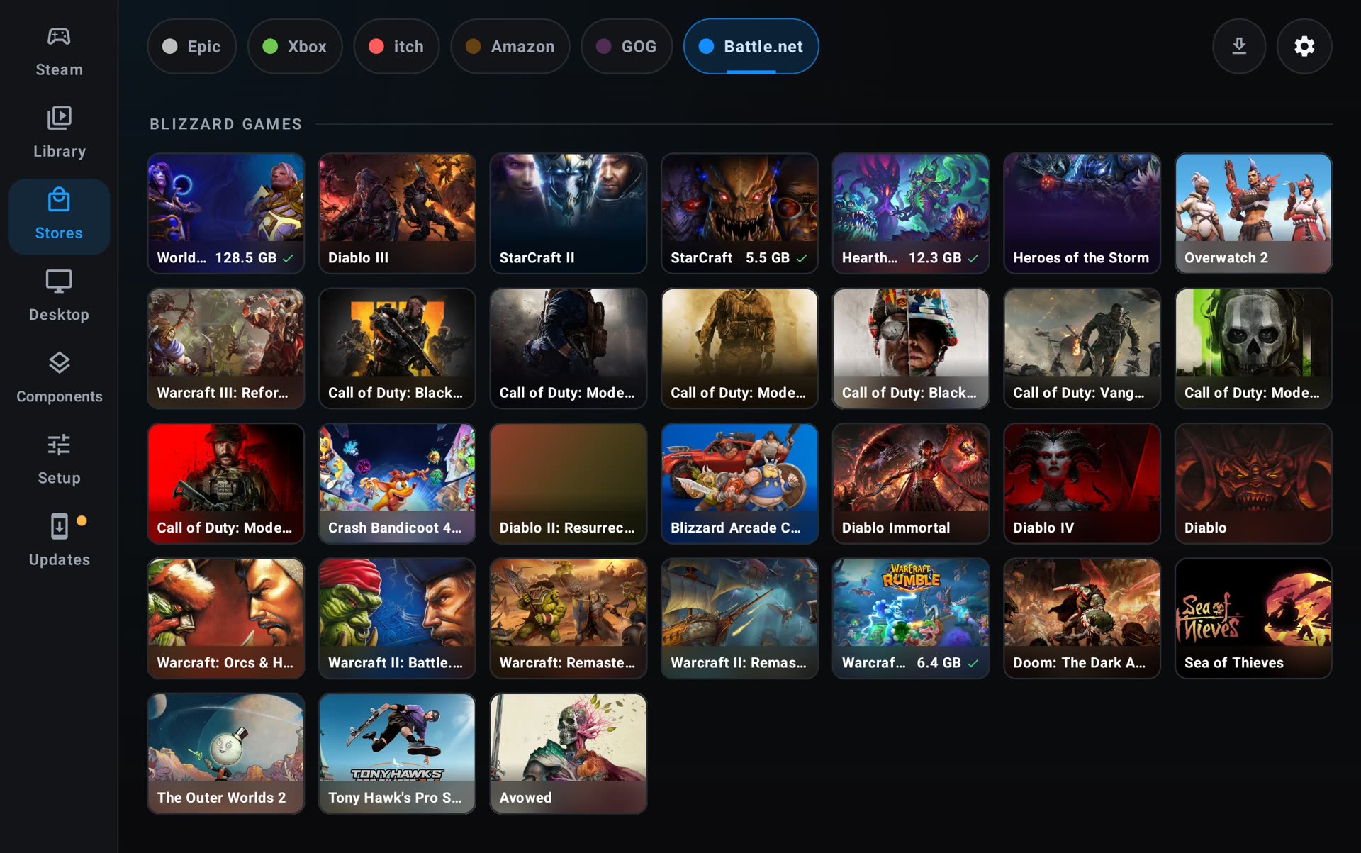 The Battle.net store's catalog as a grid of Blizzard and partner games