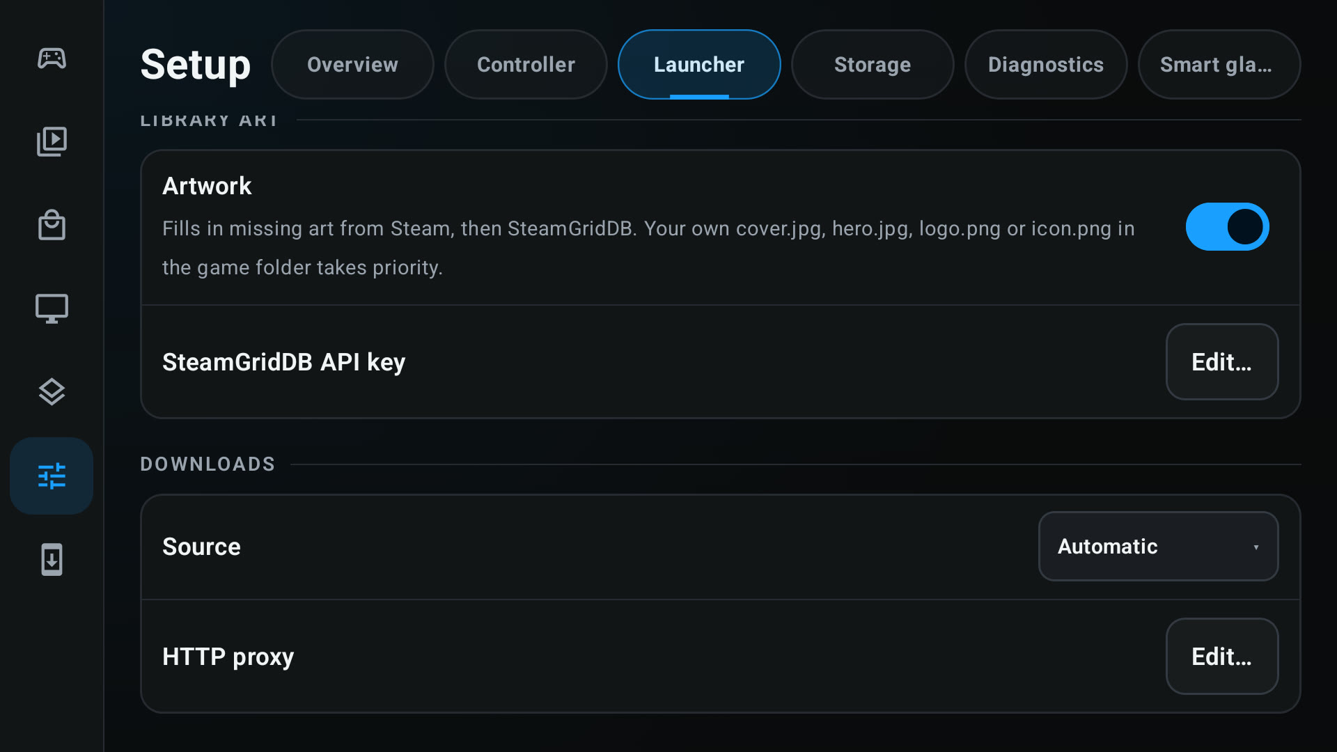 Setup with the HTTP proxy row under Downloads