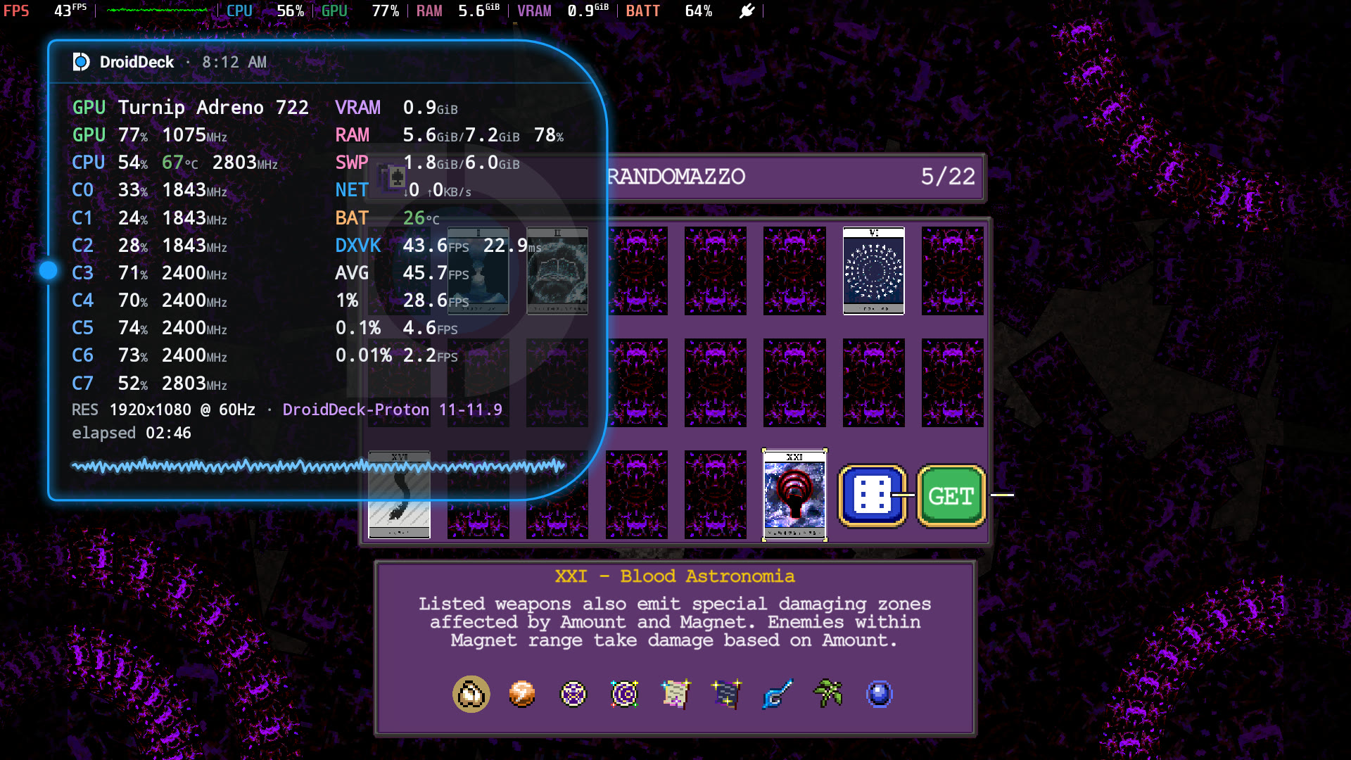 The DroidDeck HUD in Full size next to Steam's MangoHud bar, both reading the same frame rate, CPU, GPU and memory