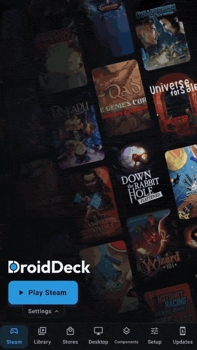 The launcher in portrait with navigation along the bottom edge, moving through Library, Stores and Components