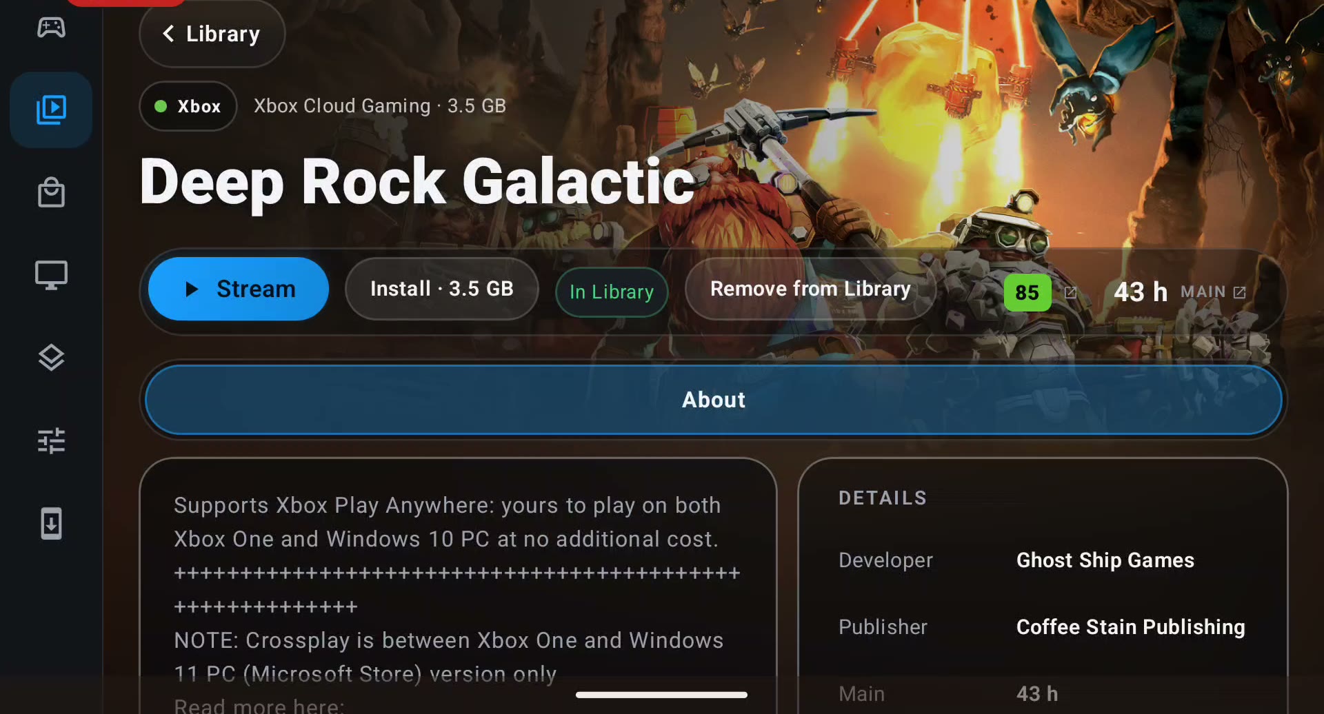 A not-installed game's page in the Library with Stream, Install, In Library and Remove from Library
