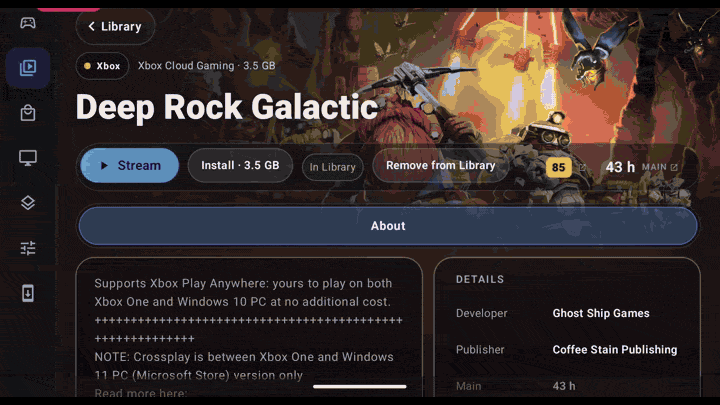 Streaming Deep Rock Galactic with Xbox Cloud Gaming, then the in-stream menu and performance overlay