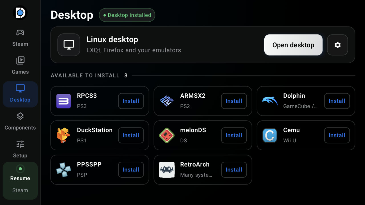 Desktop tab with emulators to install