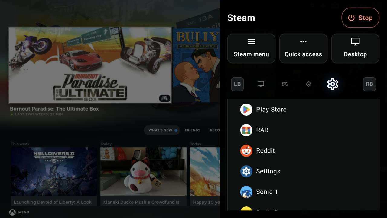Android apps listed in the session menu over Steam