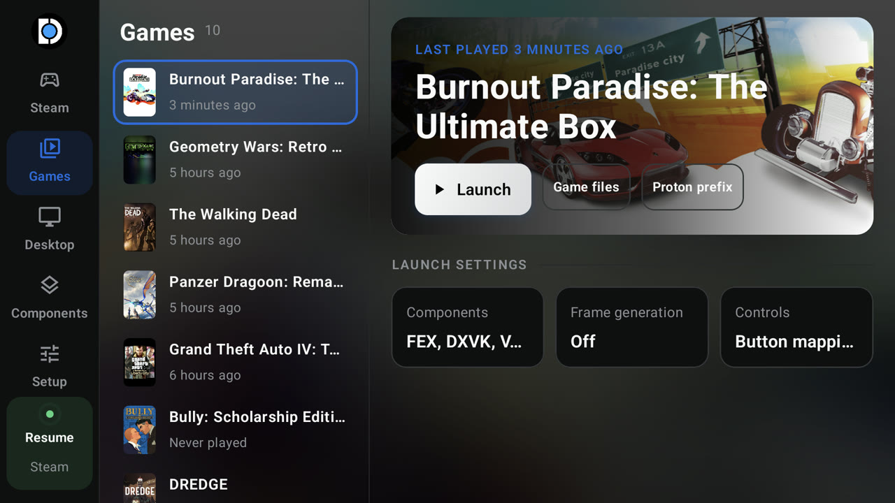 Games tab with a game's launch settings