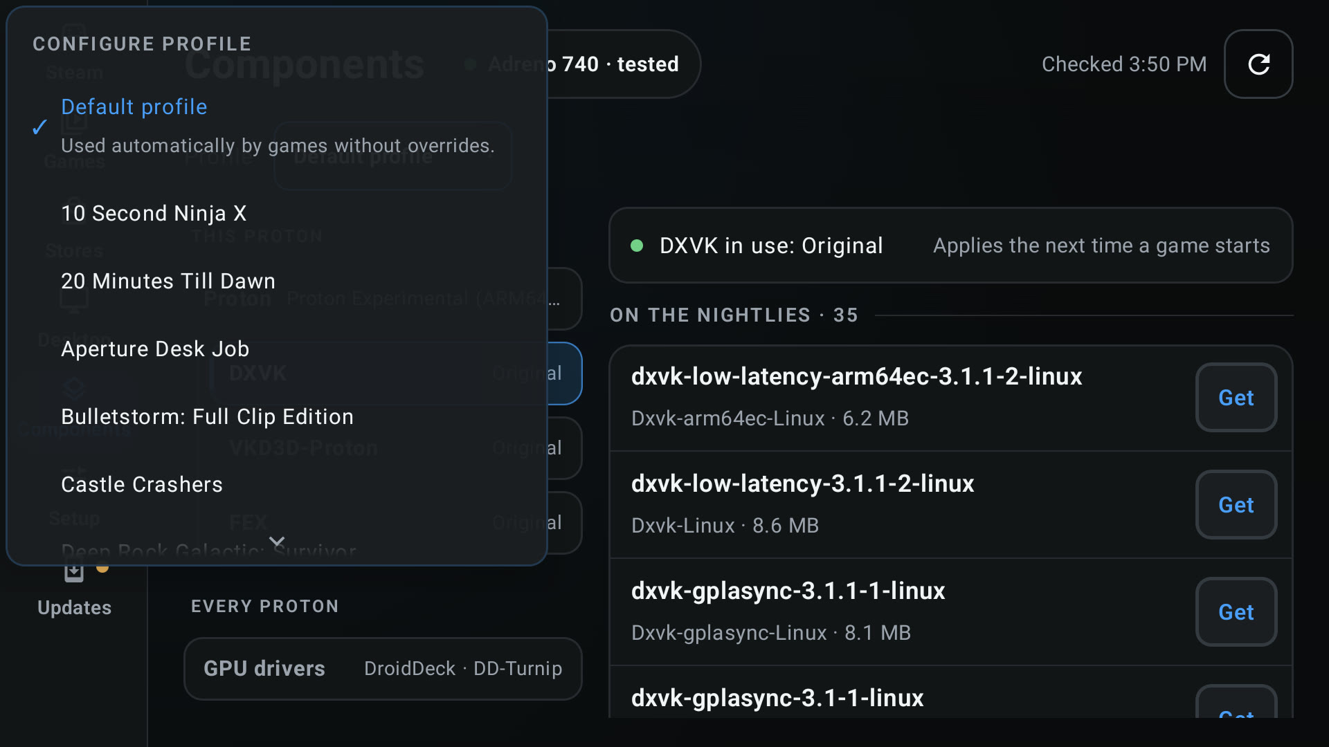DroidDeck 0.4.0 개발팀이 공개한 게임별 Proton·FEX·그래픽 구성 설정 화면