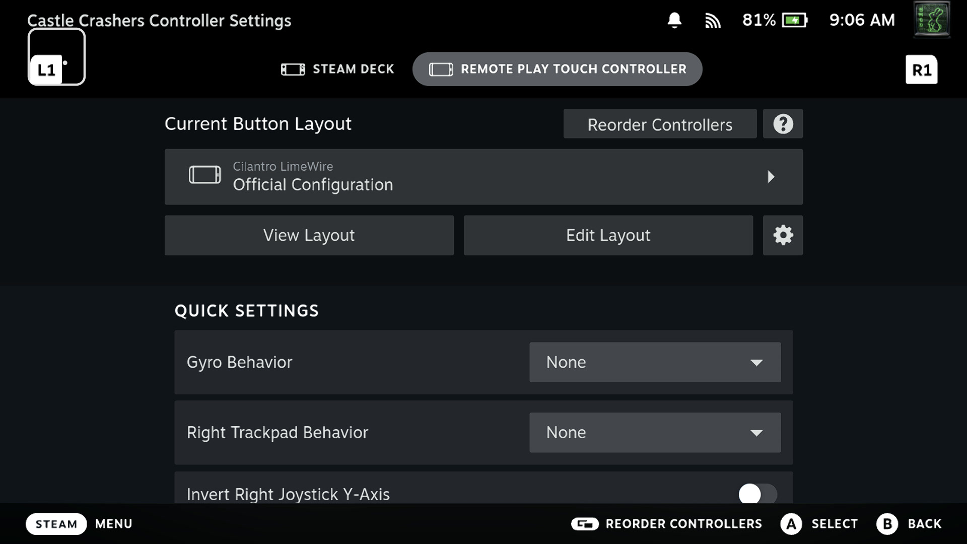 DroidDeck 0.4.0의 Steam 터치 컨트롤과 레이아웃 관련 개발팀 공개 화면