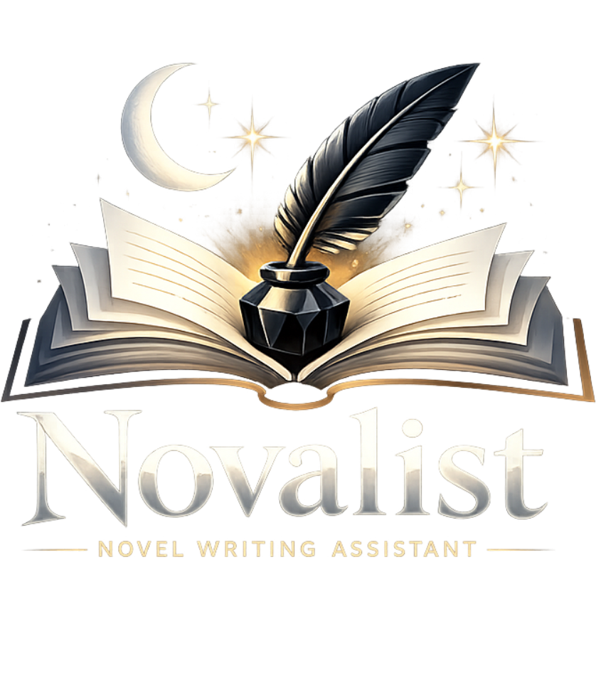Novalist — an open book with a quill and inkwell under a crescent moon