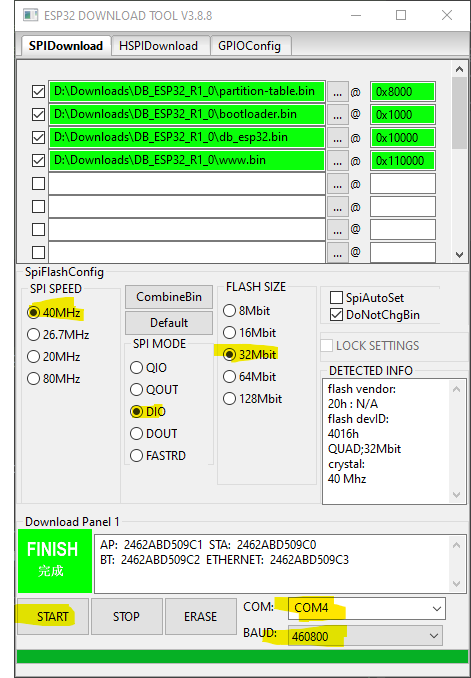 ESP download tool configuration
