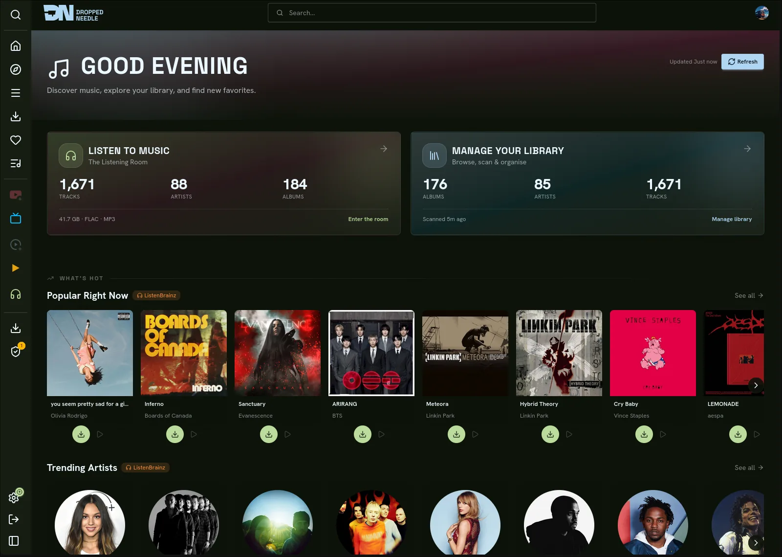 Home page with trending artists, popular albums, and personalized recommendations