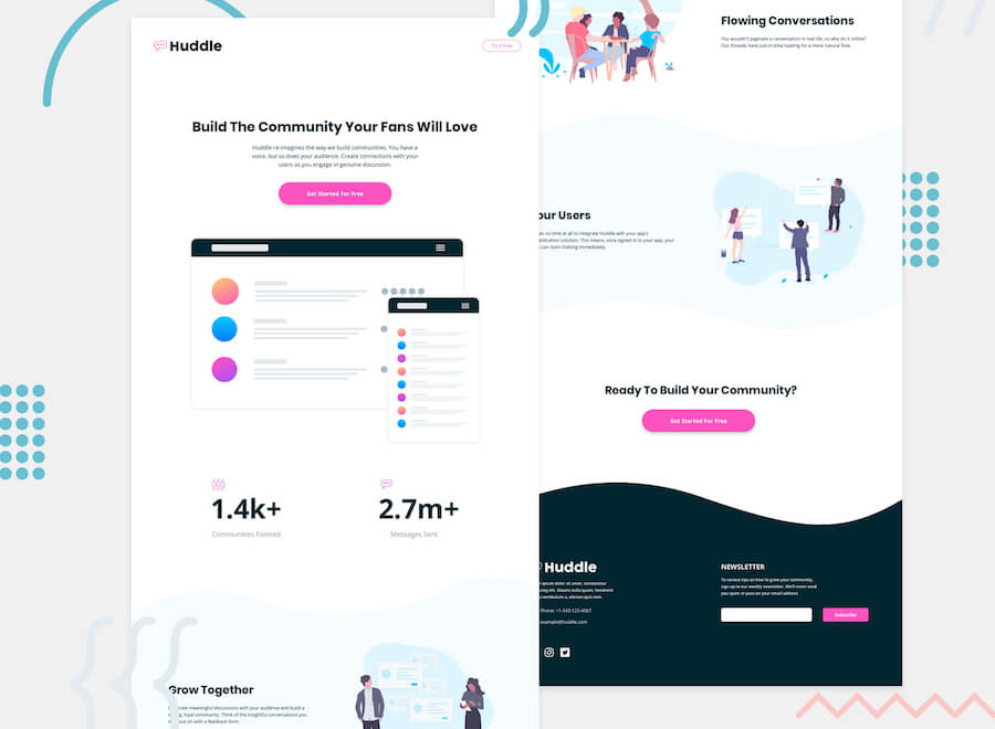 Design preview for the huddle landing page with curved sections coding challenge