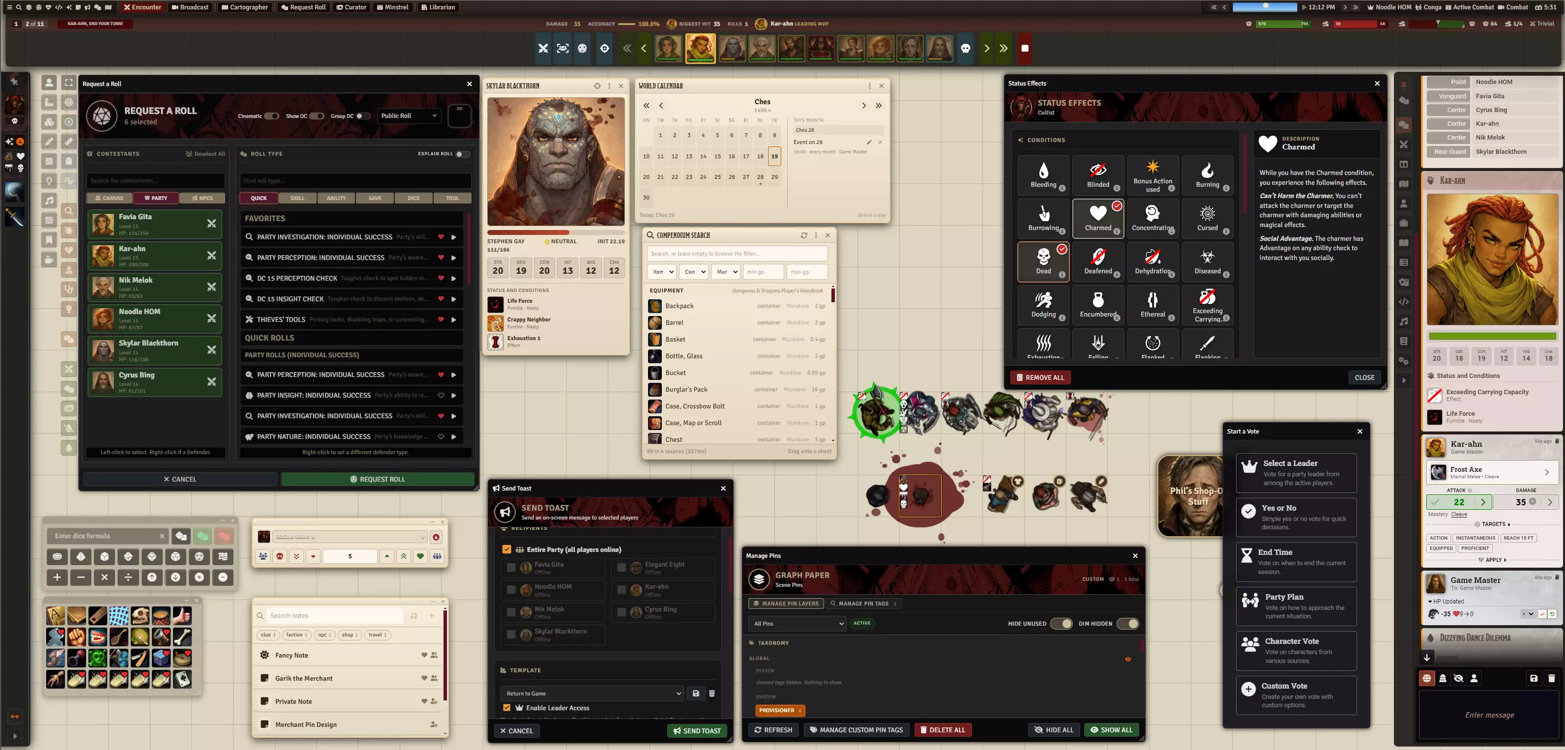 Blacksmith in play: the menubar, roll requests, the calendar, status effects, pins, votes, and more