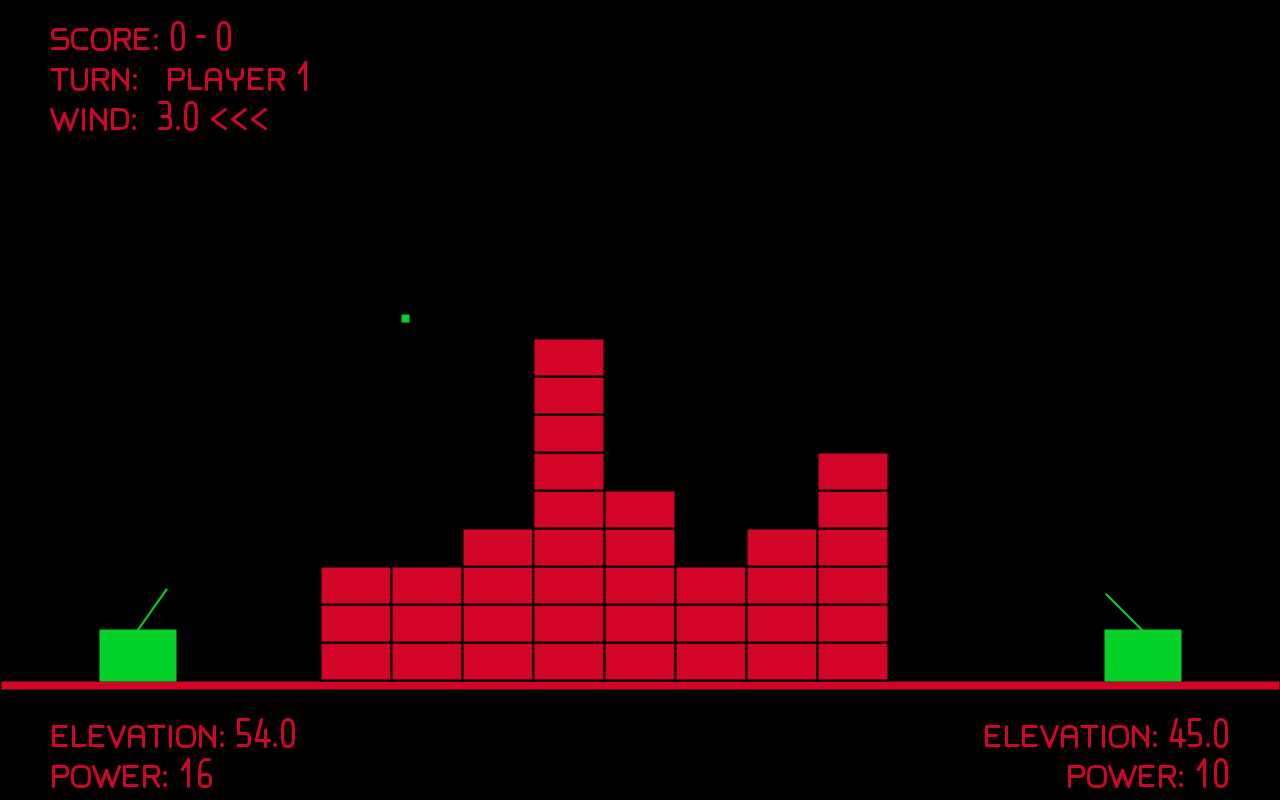 A screenshot of Artillery, where player 1 has fired at player 2 over a pile of blocks in the centre.