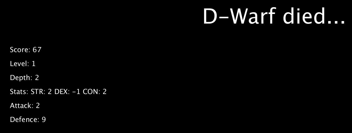 The character D-Warf has died and their results are displayed on the death screen.