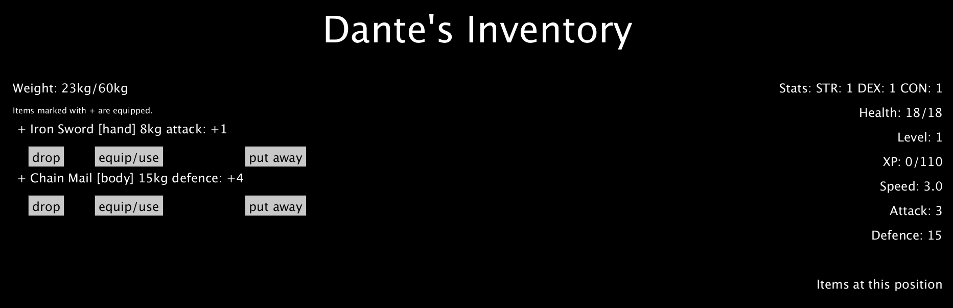 The character Dante opens their inventory.