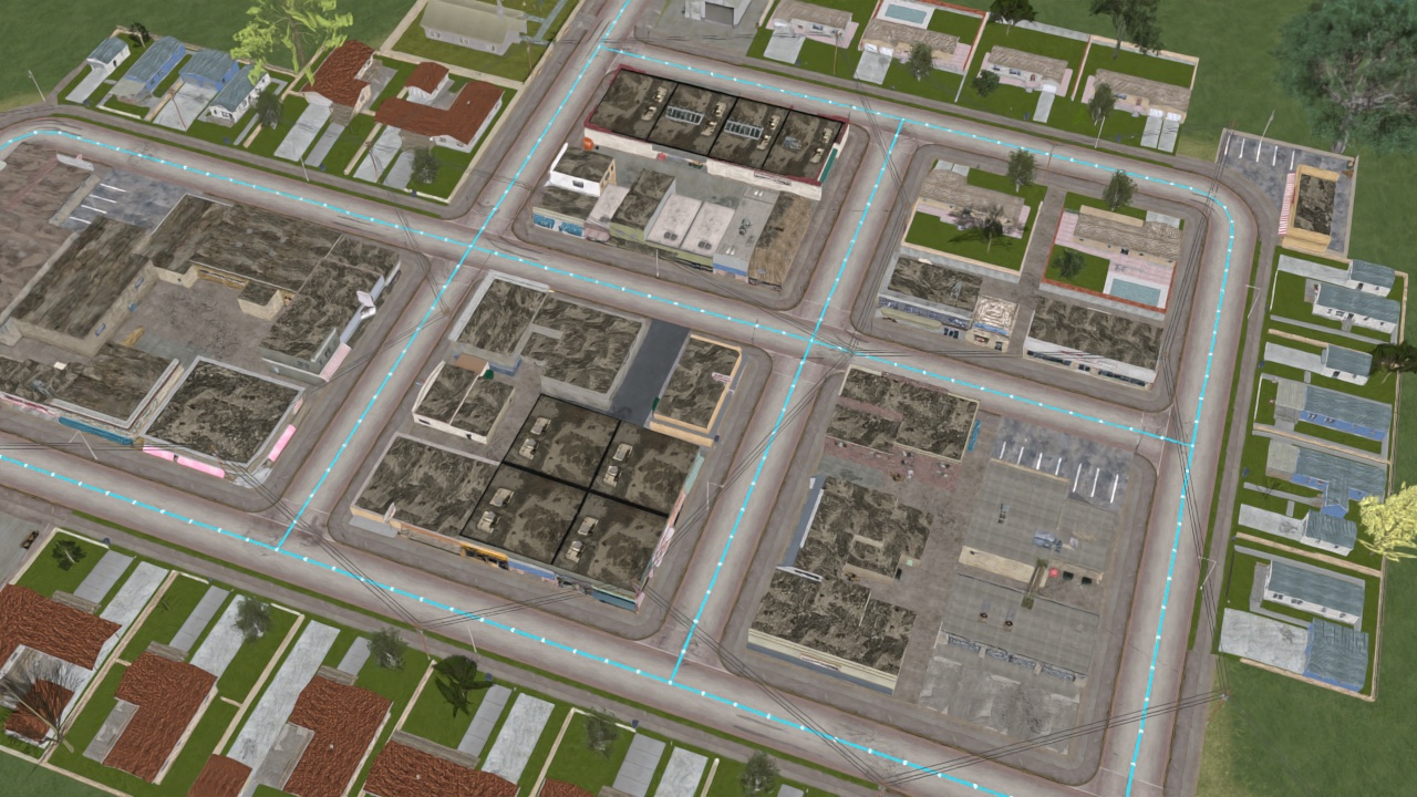 Blender preview of the Perry Island traffic network with cyan road overlays