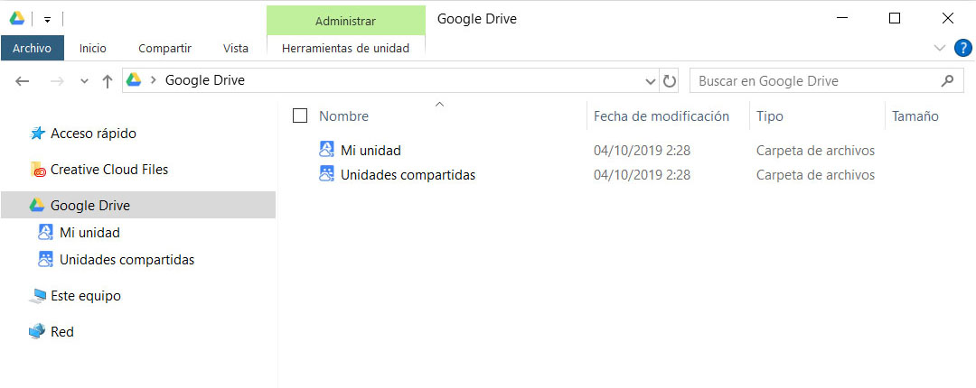 Imagen de Carpeta Google Drive File Stream instalada en el explorador de windows 10