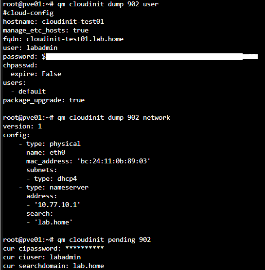 PVE 顯示 VM 902 的 Cloud-Init User Data、Network Data 與待套用設定