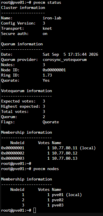 三節點 iron-lab 的 pvecm status 與 pvecm nodes 結果