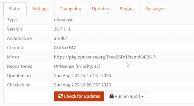 OPNsense Firmware Status 顯示系統已完成更新